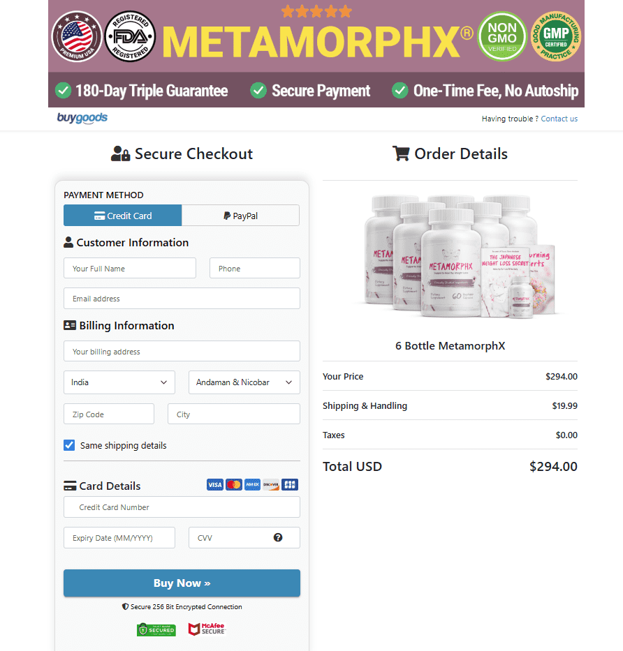 MetamorphX Order Page